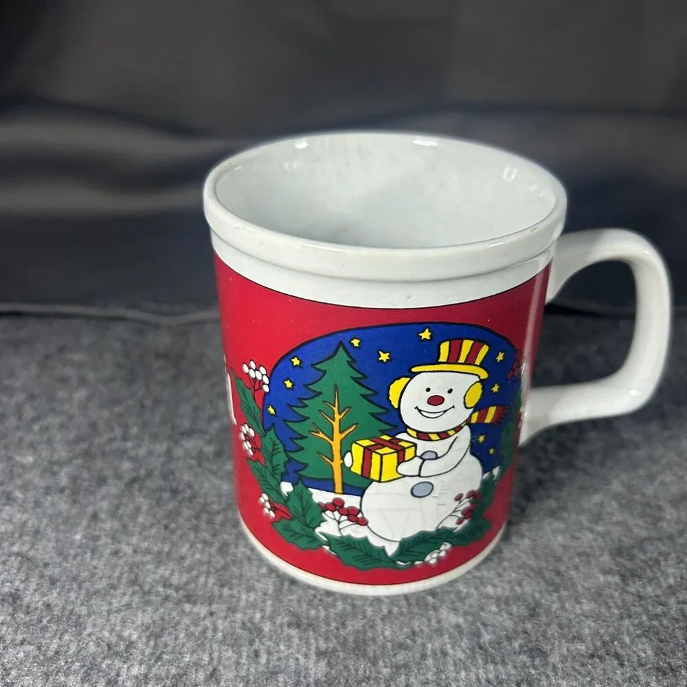 Vintage Japan White Ceramic Glass Coffee Cup Holiday Mug Christmas Noel‎ Snowman
